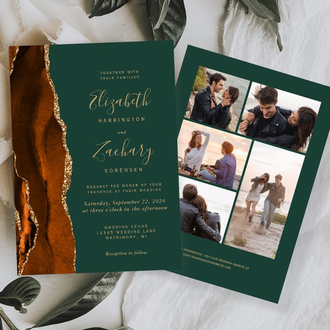 5-Photo Rust Gold Agate Dark Green Wedding Invitation (Creator Uploaded)