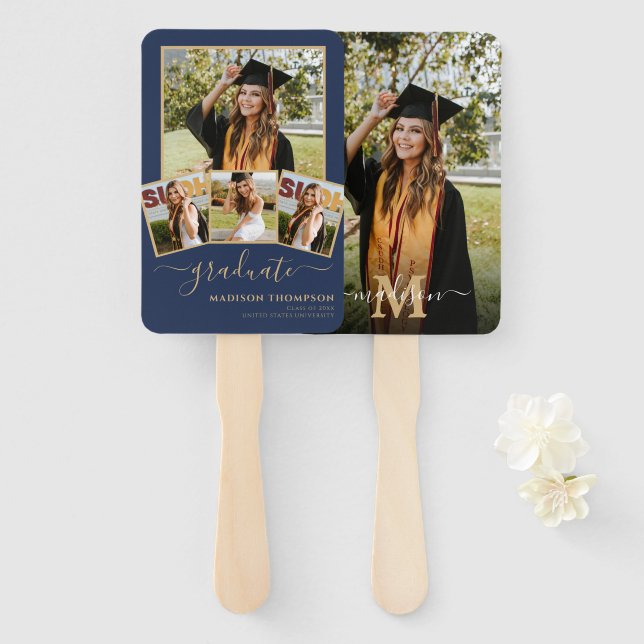 5 Photo Simple Graduate Navy Blue and Gold Hand Fan (Front and Back)