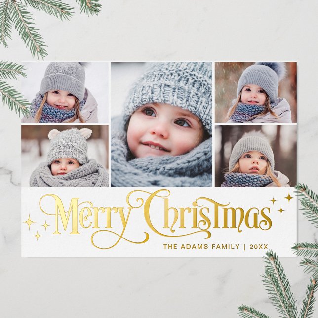 5 PHOTO Sparkle Christmas Greeting Gold Foil Holid Holiday Card (Creator Uploaded)