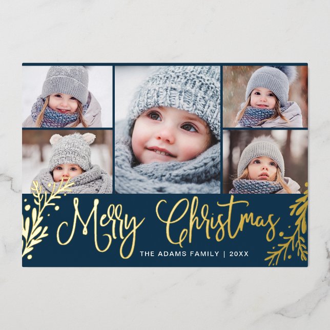 5 PHOTO Sparkle Christmas Greeting Gold Foil Holiday Card (Front)