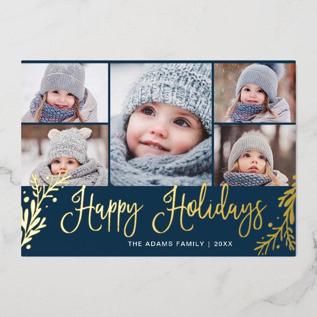 5 PHOTO Sparkle Christmas Greeting Gold Foil Holiday Card (Front)