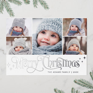 5 PHOTO Sparkle Christmas Greeting Silver Foil Holiday Card