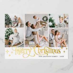 5 PHOTO Sparkle Merry Christmas Gold Foil Holiday Card