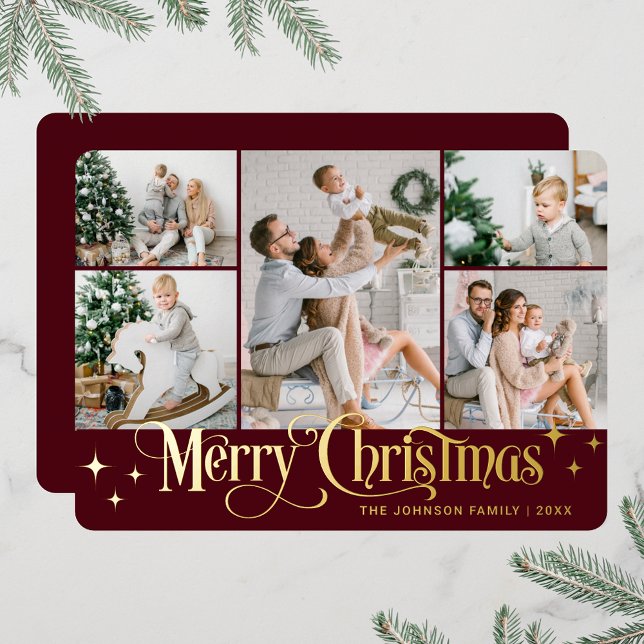 5 PHOTO Sparkle Merry Christmas Gold Foil Holiday Card (PHOTO Sparkle Merry Christmas Greeting Foil Holiday Card)