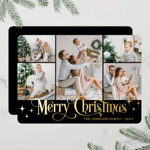 5 PHOTO Sparkle Merry Christmas Gold Foil Holiday Card