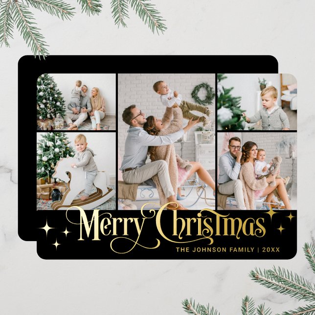 5 PHOTO Sparkle Merry Christmas Gold Foil Holiday Card (PHOTO Sparkle Merry Christmas Greeting Foil Holiday Card)