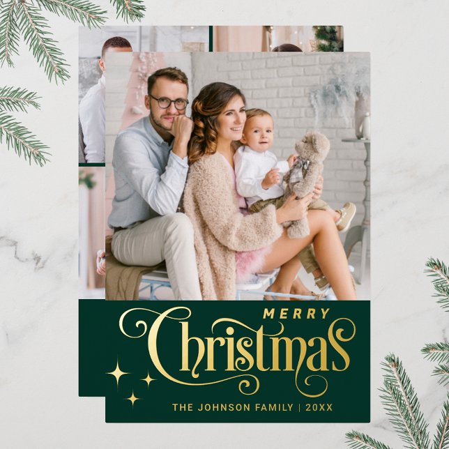 5 PHOTO Sparkle Merry Christmas Greeting Foil Holiday Card (Real foil print Christmas holiday greeting card.)