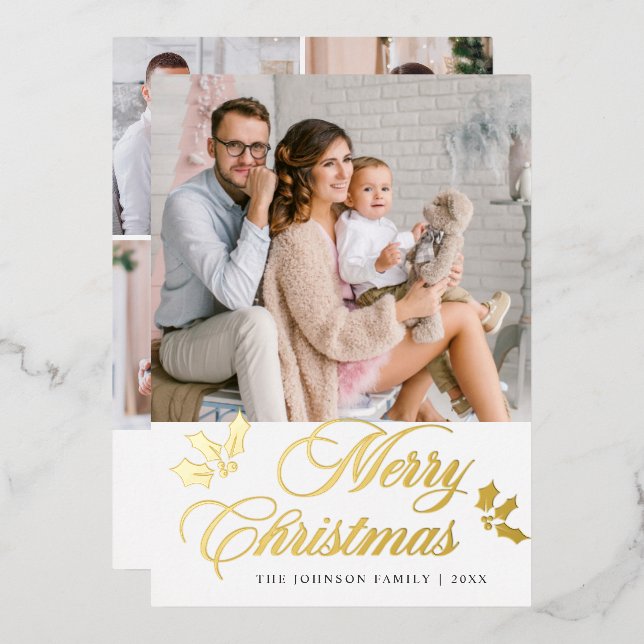 5 PHOTO Sparkle Merry Christmas Greeting Gold Foil Holiday Card (Front/Back)