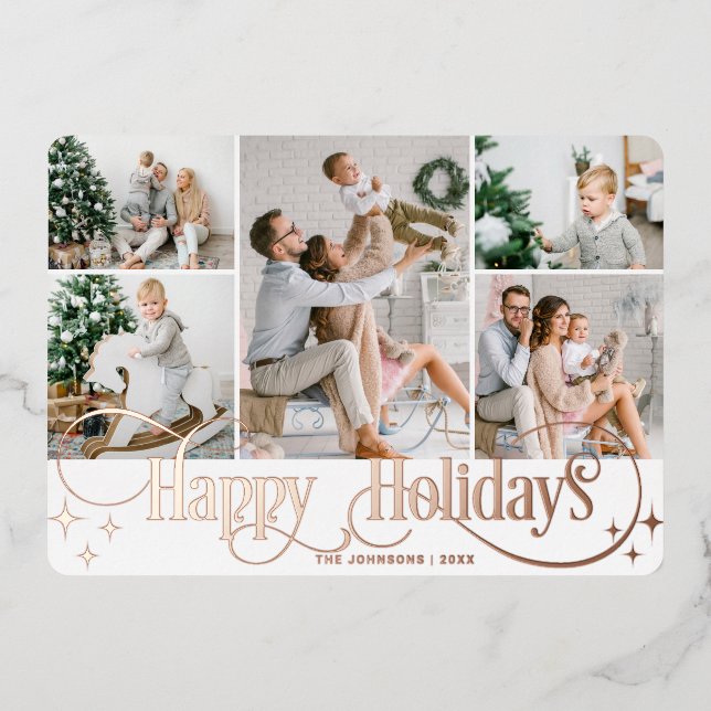 5 PHOTO Sparkle Merry Christmas Rose Gold Foil Holiday Card (Front)