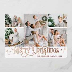 5 PHOTO Sparkle Merry Christmas Rose Gold Foil Holiday Card
