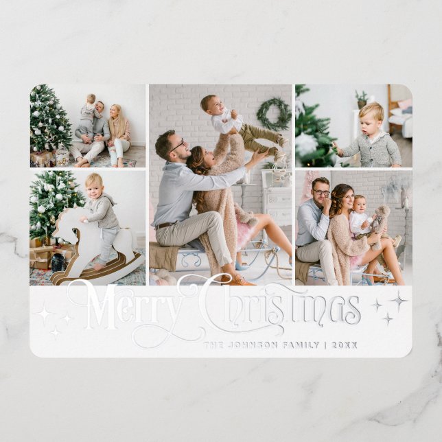 5 PHOTO Sparkle Merry Christmas Silver Foil Holiday Card (Front)