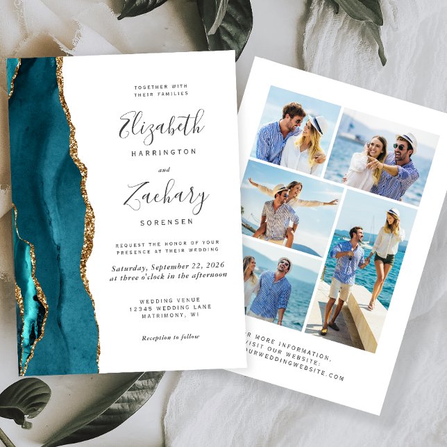 5-Photo Teal Blue Gold Agate Wedding Invitation (Creator Uploaded)