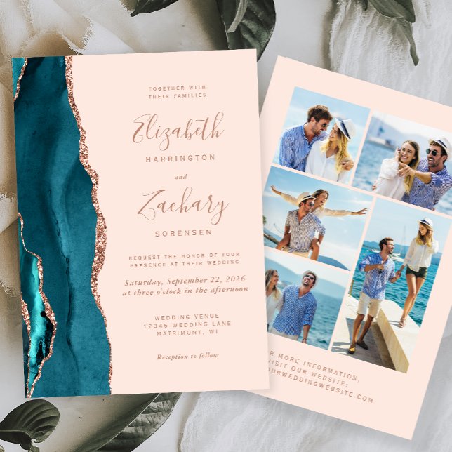 5-Photo Teal Blue Rose Gold Agate Blush Wedding Invitation (Creator Uploaded)