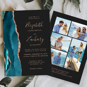5-Photo Teal Blue Rose Gold Agate Dark Wedding Invitation