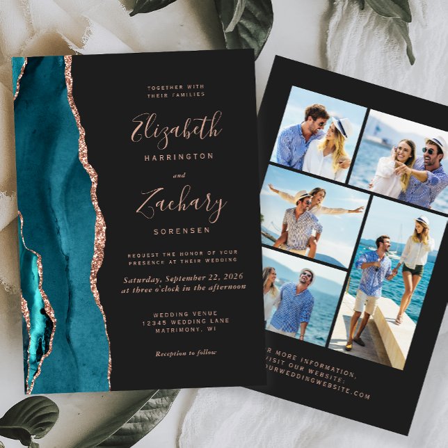 5-Photo Teal Blue Rose Gold Agate Dark Wedding Invitation (Creator Uploaded)