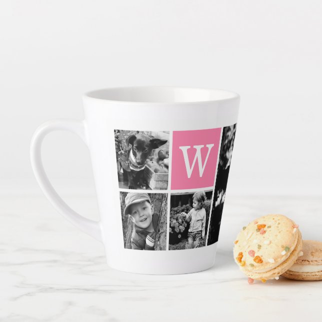 5-Photo Template Pink Monogram Latte Mug (In Situ)