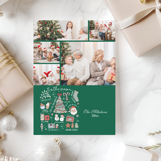 5 Photo Tis The Season Retro Green Christmas Holiday Card (Creator Uploaded)