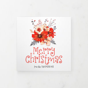 5 Photo Year In View Festive Newsletter Floral Red Tri-Fold Holiday Card