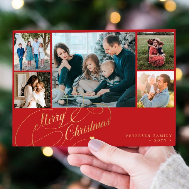 5 photos Merry Christmas elegant script collage Holiday Card (Creator Uploaded)