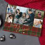 5 photos Merry Christmas elegant script red plaid  Holiday Card<br><div class="desc">Elegant stylish Merry Christmas faux gold classic calligraphy script five family photos red green plaid tartan rustic holiday card with your custom personalised text on both sides.</div>