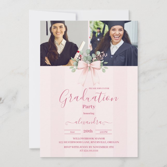5 Photos Pink Bow Grad Celebration Invitation (Back)