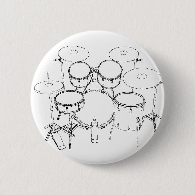 5 Piece Drum Kit: Black & White Drawing: 6 Cm Round Badge (Front)