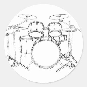 5 Piece Drum Kit: Black & White Drawing: Classic Round Sticker