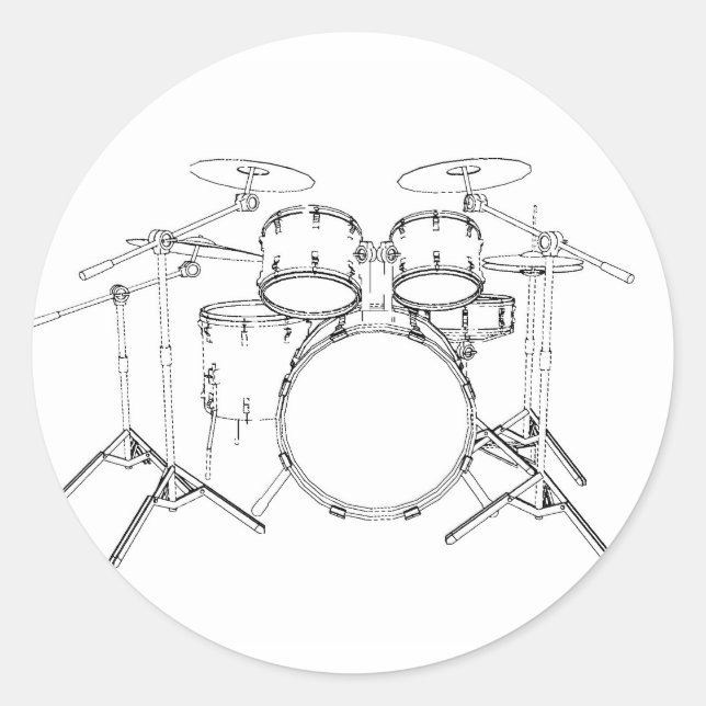 5 Piece Drum Kit: Black & White Drawing: Classic Round Sticker (Front)