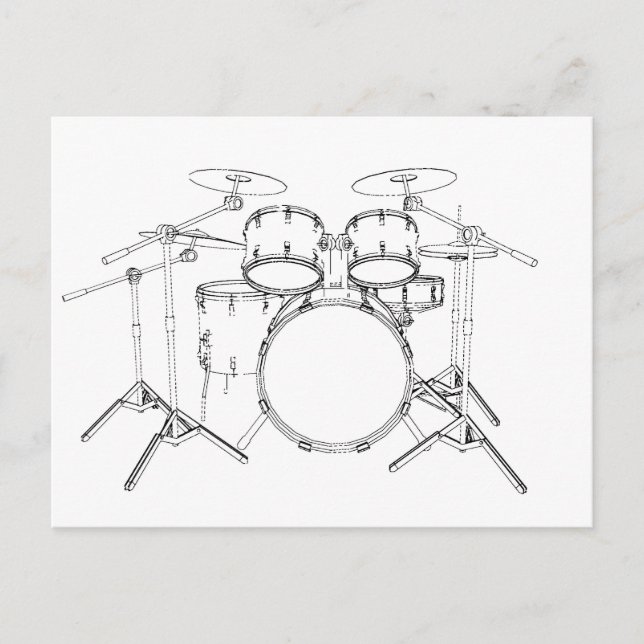 5 Piece Drum Kit: Black & White Drawing: Postcard (Front)