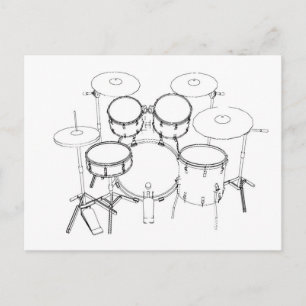 5 Piece Drum Kit: Black & White Drawing: Postcard