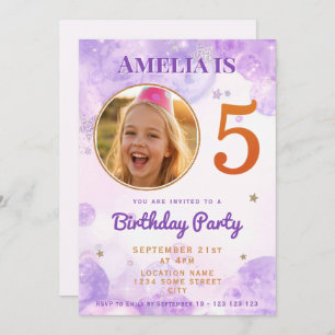 5 Purple Gold Star Bubbles 5th Birthday Invitation