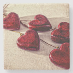 5 Red Wooden Hearts Entwined Together Stone Coaster
