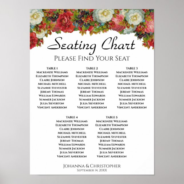 5 Table Autumn Flowers Wedding Seating Chart (Front)
