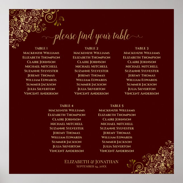 5 Table Burgundy Wedding Seating Chart Lacy Gold (Front)