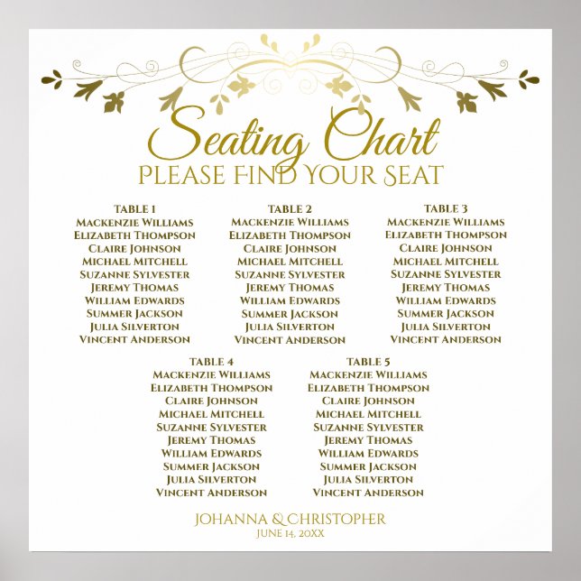 5 Table Elegant Gold & White Wedding Seating Chart (Front)
