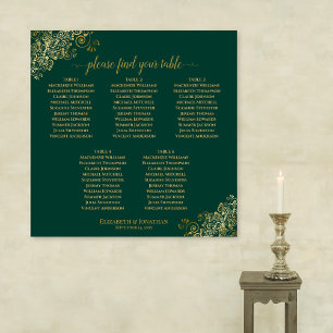 5 Table Emerald Green & Gold Wedding Seating Chart