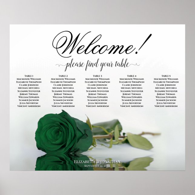 5 Table Emerald Green Rose Wedding Seating Chart (Front)