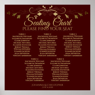 5 Table Gold & Burgundy Wedding Seating Chart