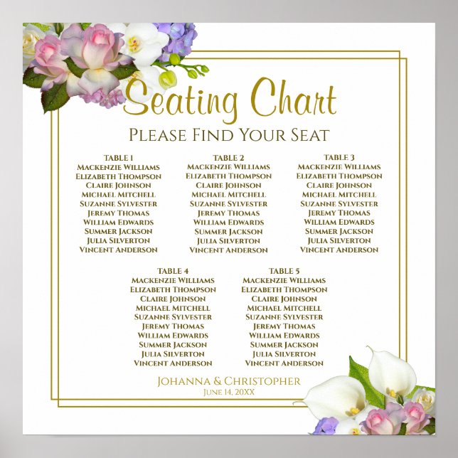 5 Table Pastel Floral Wedding Seating Chart (Front)
