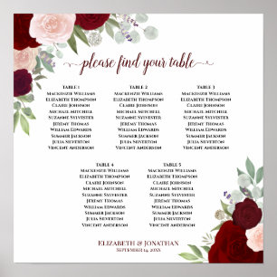 5 Table Red & Pink Floral Wedding Seating Chart
