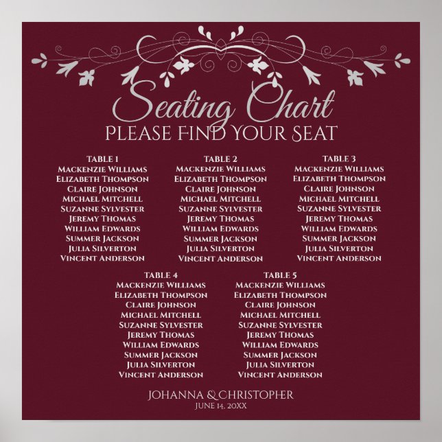 5 Table Silver & Burgundy Wedding Seating Chart (Front)