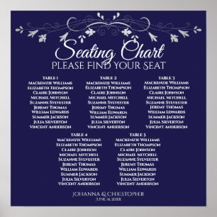 5 Table Silver Floral Navy Wedding Seating Chart