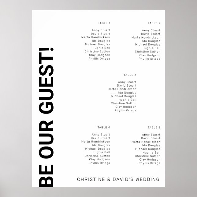 5 table Simple White Wedding seating chart (Front)