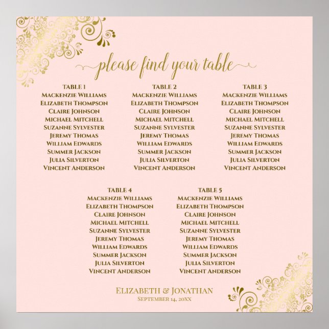 5 Table Wedding Seating Chart Blush Pink & Gold (Front)