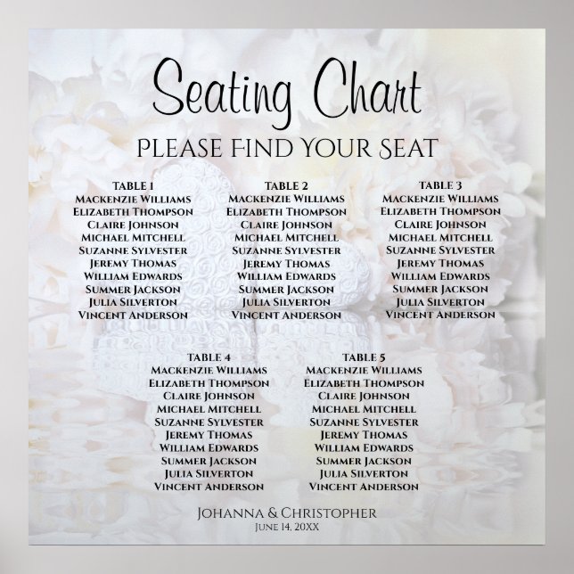 5 Table White Reflections Wedding Seating Chart (Front)