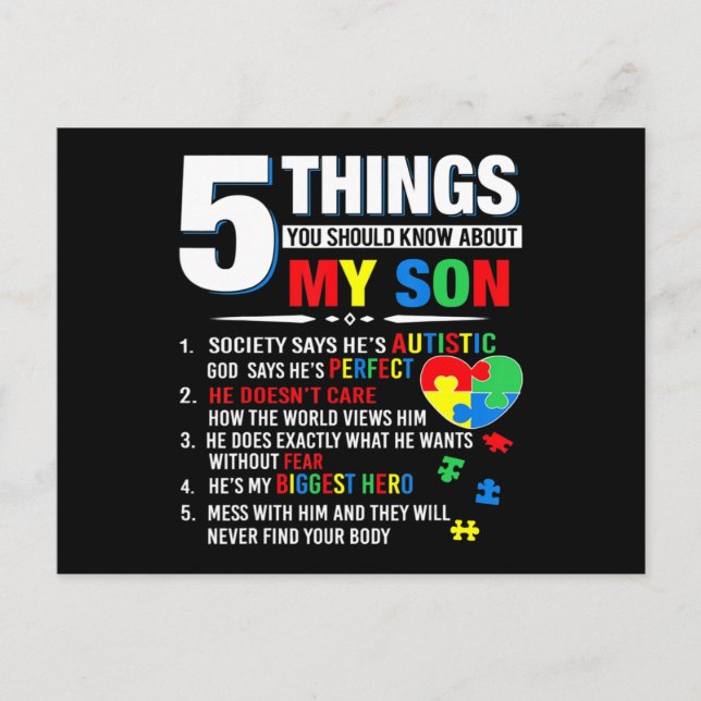 5 Things You Should Know About My Son Autism Aware Postcard (Front)