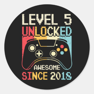 5 Unlocked Video Game 5th Birthday Gamer Boys Kids Classic Round Sticker