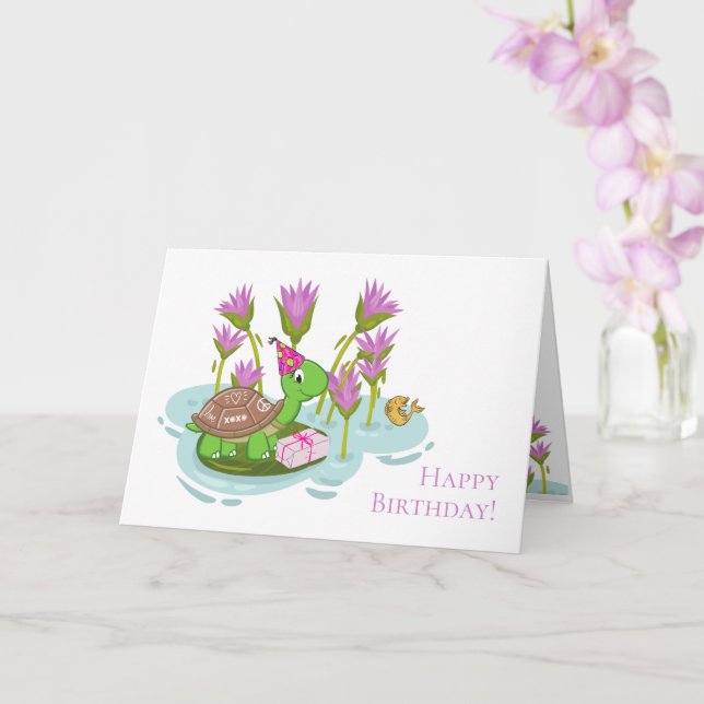 5"x7" Turtle w/ Party Hat & Gift Birthday Card (Orchid)