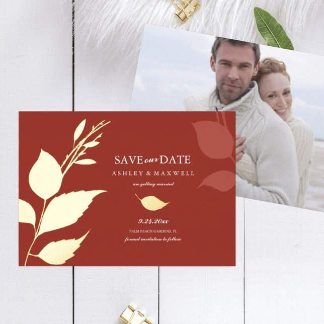 5 x 7 Fall Wedding Save The Dates (Fall wedding save the date photo card in orange with gold foil leaves)
