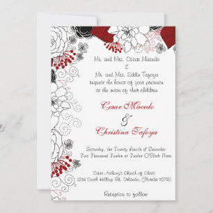 5 x 7 Wedding Invitation Black Flowers Red Leaves